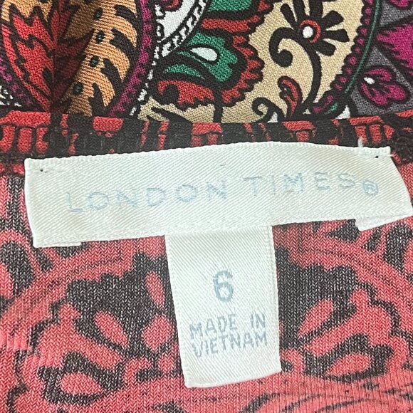 London Times Boho Shift Midi Dress Burgandy and Black Medallion Size 6 - Picture 7 of 7